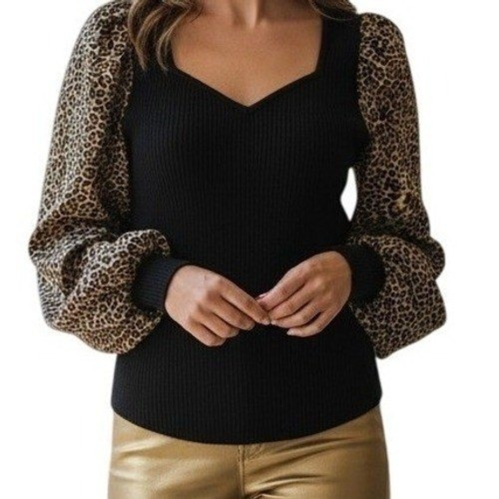 BAILEY‎ 44 Mixed Media Ribbed Leopard Print Puff Sleeve Top NWOT Size Small